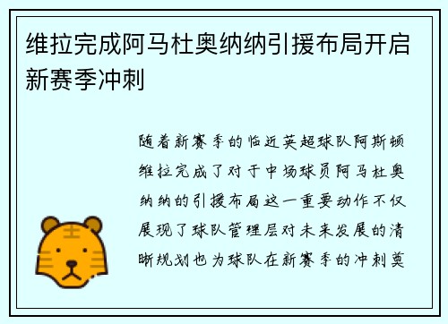维拉完成阿马杜奥纳纳引援布局开启新赛季冲刺